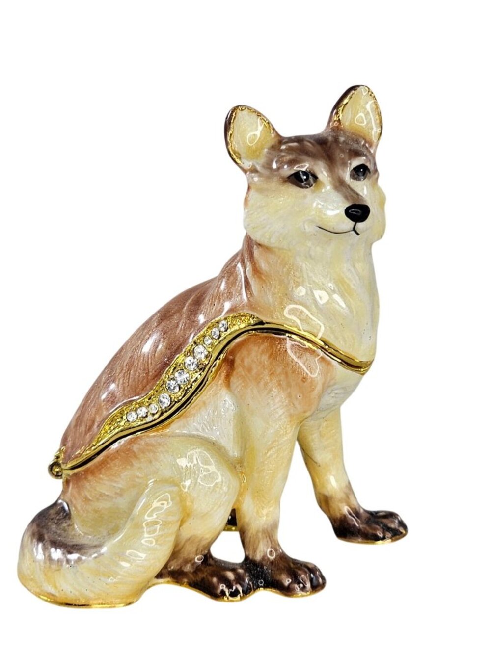 Red Fox Jeweled Enamel Trinket Box With Rhinestones & Gold Accents
